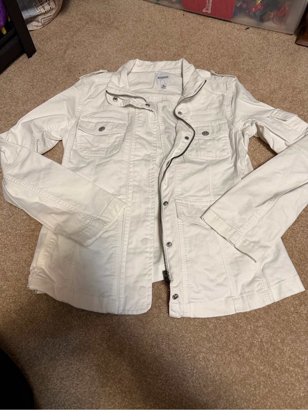 Kensie White Utility Jacket with Zip and Button Details size medium